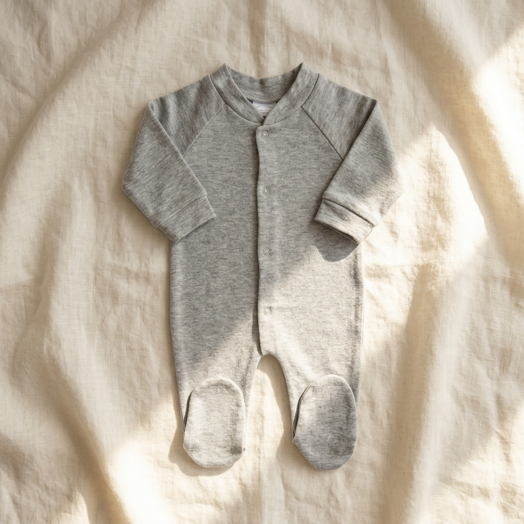 A light gray heather baby footed sleeper with long raglan sleeves and a snap-button front, laid flat on a textured cream linen fabric with soft sunlight shadows.