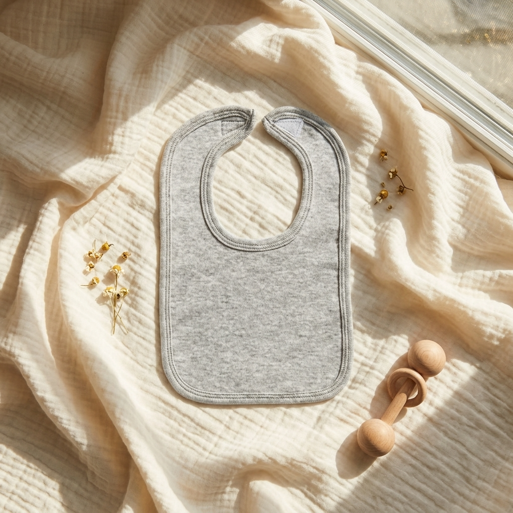 A light gray heather baby bib laid flat on a cream-colored textured muslin fabric, styled with small dried flowers, a wooden teething ring, and a glass slide in warm natural light.