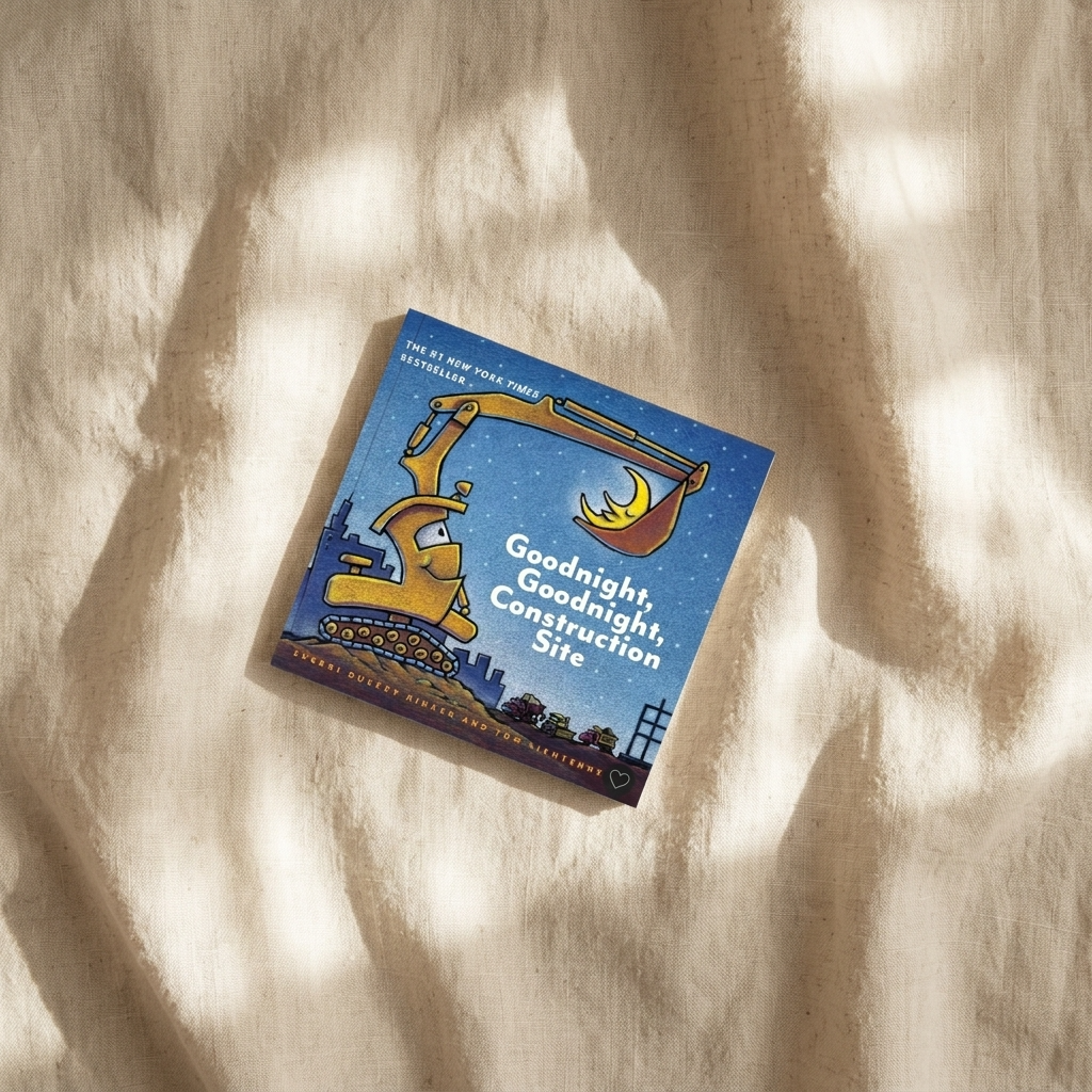 A children's book titled 'Goodnight, Goodnight Construction Site' by The Al's New York Family Books, featuring a cartoon excavator on a blue night sky cover, styled on a beige fabric background with dappled sunlight.