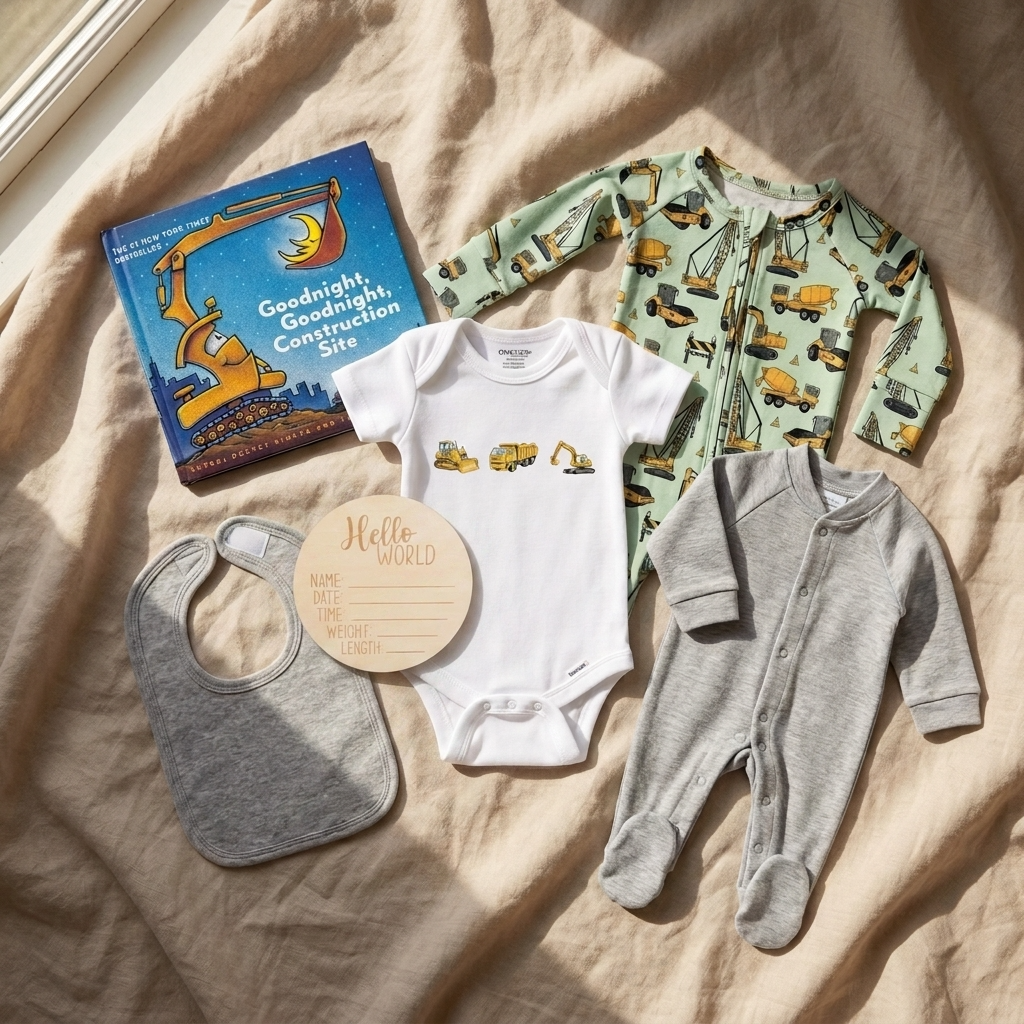 A baby outfit flat lay on beige linen fabric, featuring a white bodysuit with construction vehicles, a light green long-sleeve romper with a construction print, a heather gray footed sleeper, a gray bib, a round wooden name sticker, and a children's book titled 'Goodnight, Goodnight Construction Site'.