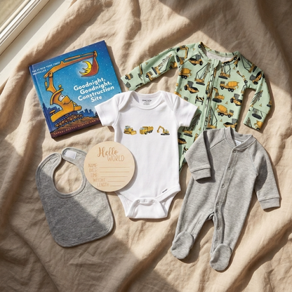 A baby outfit flat lay on beige linen fabric, featuring a white bodysuit with construction vehicles, a light green long-sleeve romper with a construction print, a heather gray footed sleeper, a gray bib, a round wooden name sticker, and a children's book titled 'Goodnight, Goodnight Construction Site'.