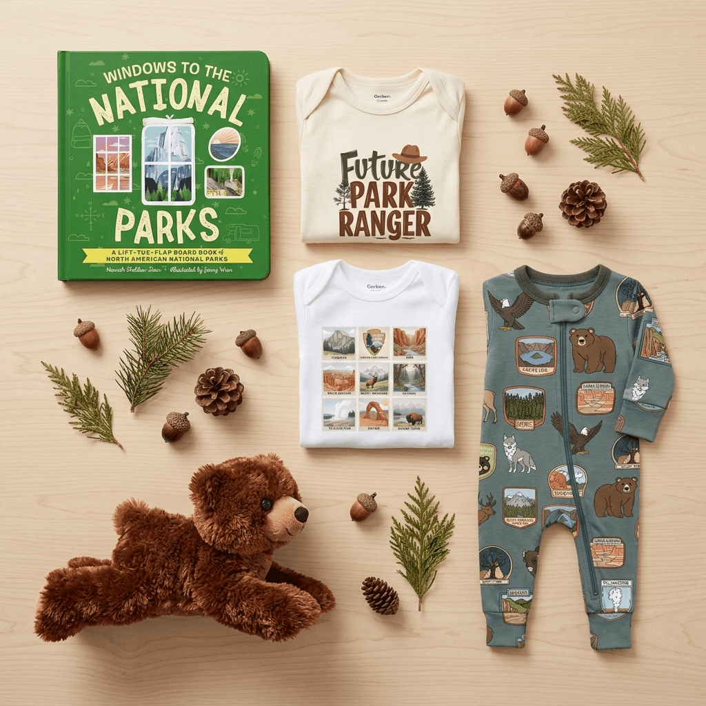 A styled flat-lay of baby apparel and a children's book on a light wood surface, surrounded by pine branches, acorns, and a teddy bear. The set includes a green book titled 'WINDOWS TO THE NATIONAL PARKS,' a cream baby bodysuit with 'FUTURE PARK RANGER' text, a white baby top with landscape prints, and a teal footed sleeper with outdoor animal and scenery prints.