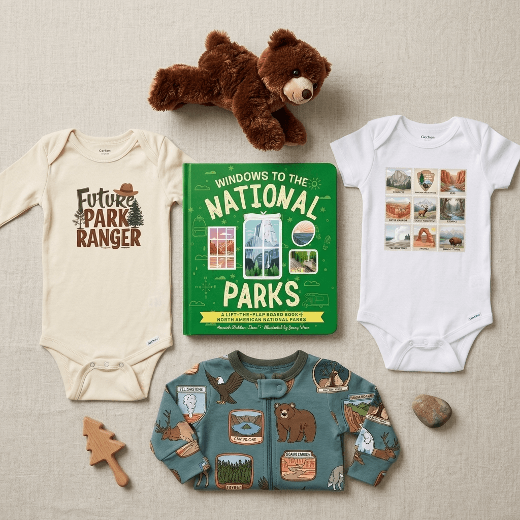 A coordinated baby gift set arranged on a light beige fabric background, including a cream long-sleeve bodysuit with 'Future Park Ranger' text, a white bodysuit with scenic print patches, a green book titled 'Windows to the National Parks,' a teal zip jacket with outdoor illustrations, a brown plush bear, and small natural props.