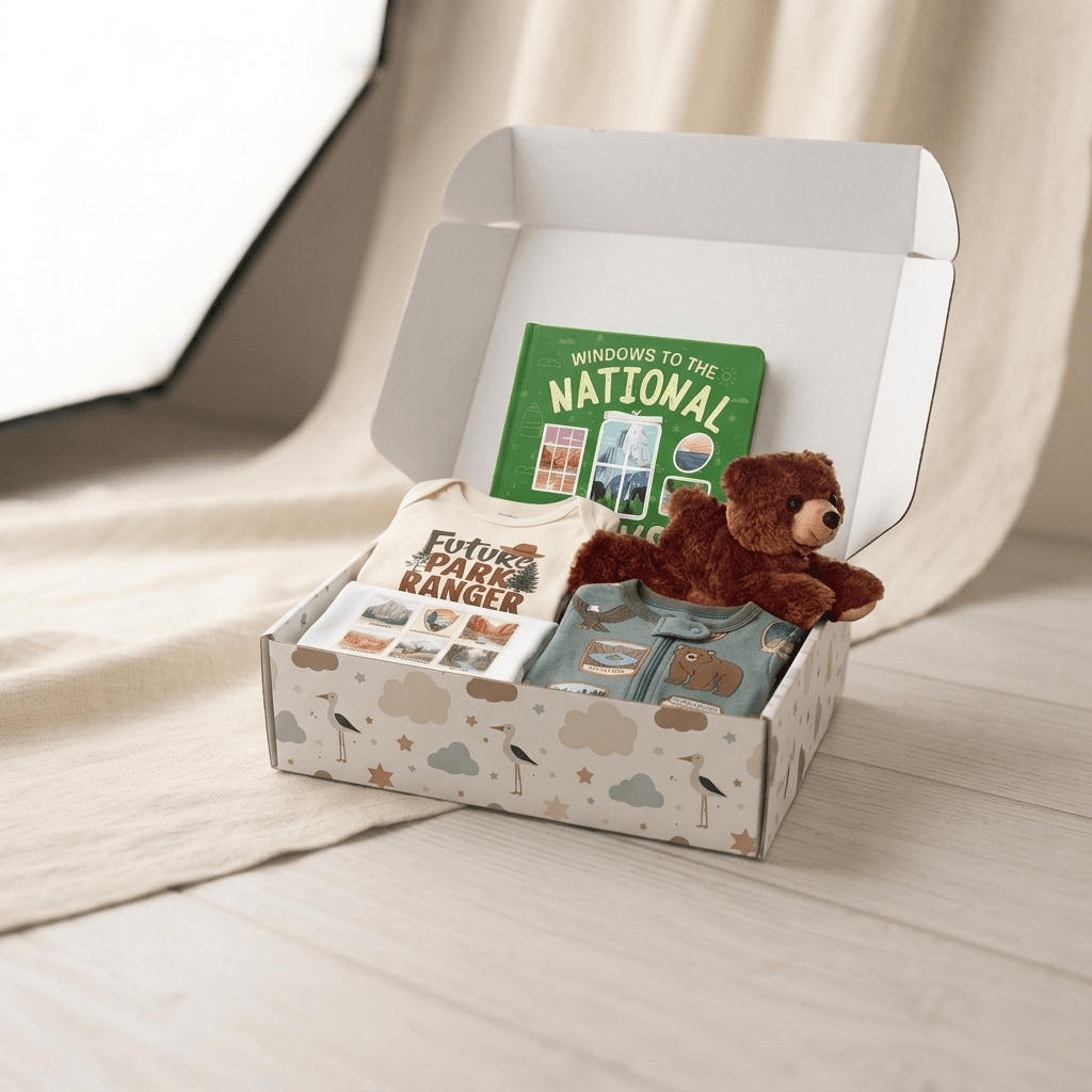 A curated gift box set displayed on a light wood surface with draped fabric in the background. The open white box contains a green 'Windows to the National' book, a 'Fiction & Non-Fiction Park Ranger' guide, a small brown plush bear, and a blue patterned item.