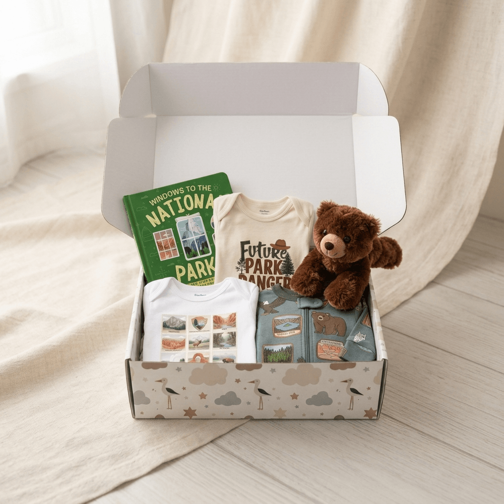 A curated baby gift box set in a white patterned box, containing a green 'National Park' book, a cream 'Future Park Ranger' t-shirt, a white graphic t-shirt, a small brown plush bear, and a folded blue item, photographed on a light wood floor with draped cream fabric in the background.