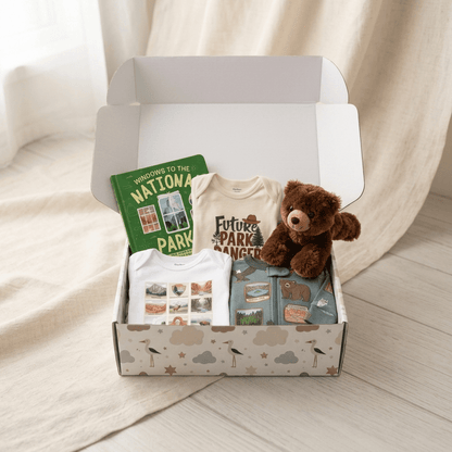 A curated baby gift box set in a white patterned box, containing a green 'National Park' book, a cream 'Future Park Ranger' t-shirt, a white graphic t-shirt, a small brown plush bear, and a folded blue item, photographed on a light wood floor with draped cream fabric in the background.