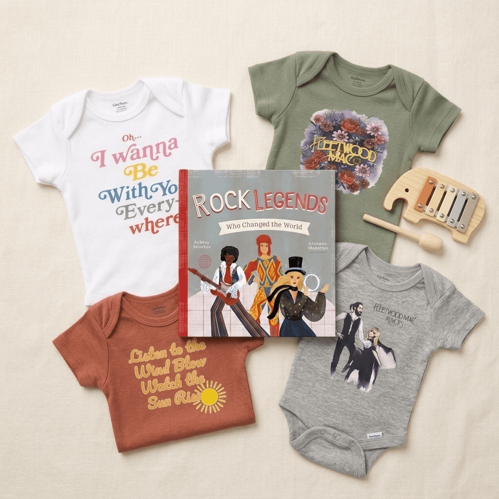 A coordinated baby gift set arranged on a light fabric background, including four baby onesies in white, olive green, rust orange, and heather gray, a children's book titled Rock Legends, and a small wooden xylophone toy.
