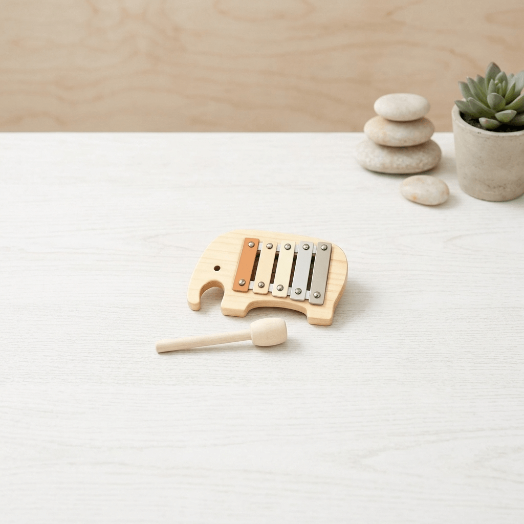 A small wooden elephant-shaped xylophone toy with metal bars and a matching wooden mallet, placed on a light wood tabletop with stacked stones and a small potted succulent in the background.