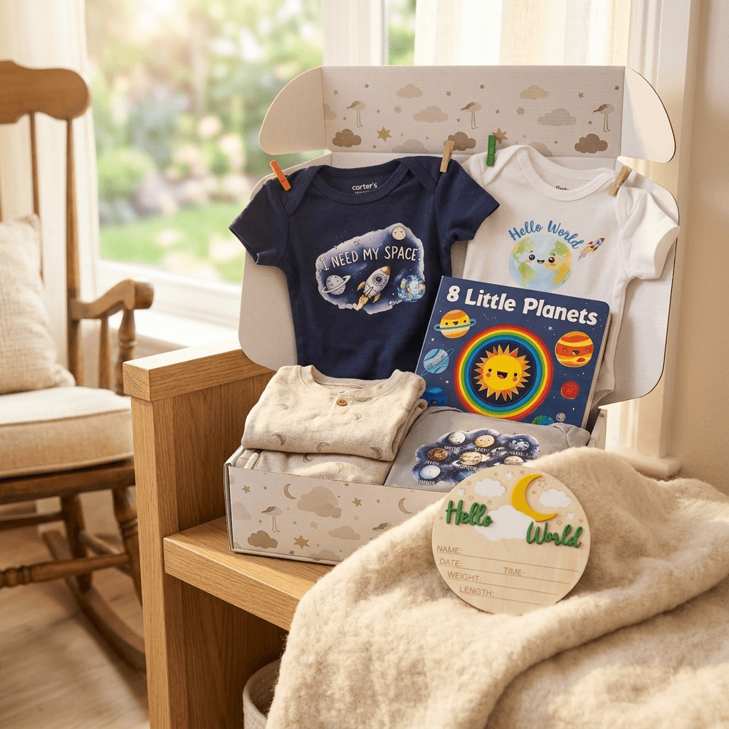 A baby gift set arranged in a box on a wooden chair by a window. The set includes a navy blue short-sleeve baby shirt with a space graphic, a white short-sleeve baby shirt with a planet graphic, a folded cream knit blanket, a children's book titled '8 Little Planets,' and a round wooden tag that says 'Hello World.
