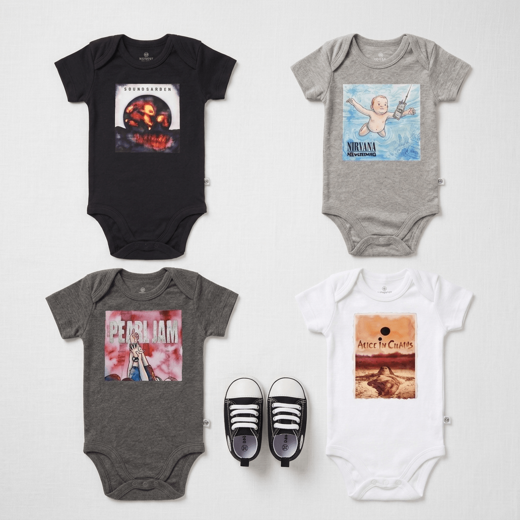 Four baby bodysuits in black, heather gray, dark heather gray, and white, each featuring a Nirvana graphic print, arranged on a light gray background with a pair of black-and-white sneakers in the center.