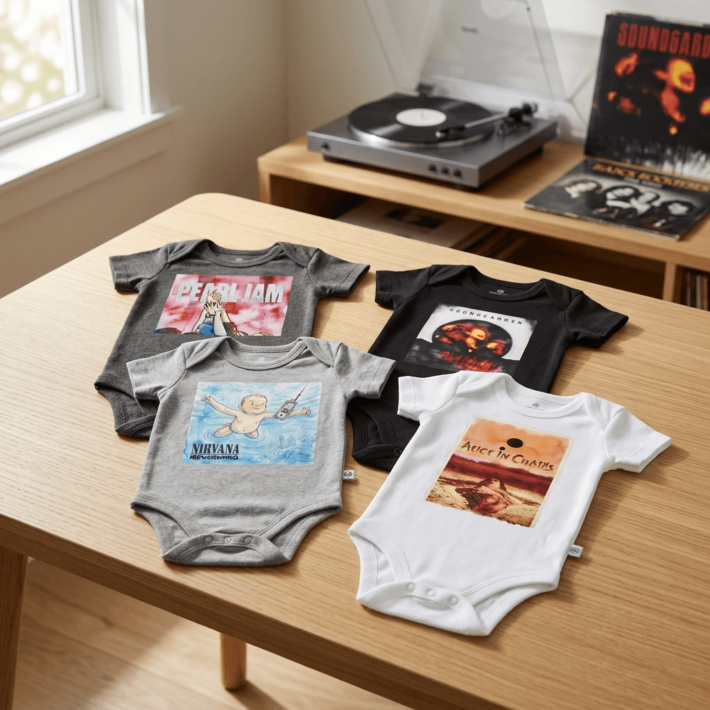 Four baby bodysuits with graphic prints are arranged on a light wood table. The prints feature Nirvana, Pearl Jam, and Soundgarden album artwork.