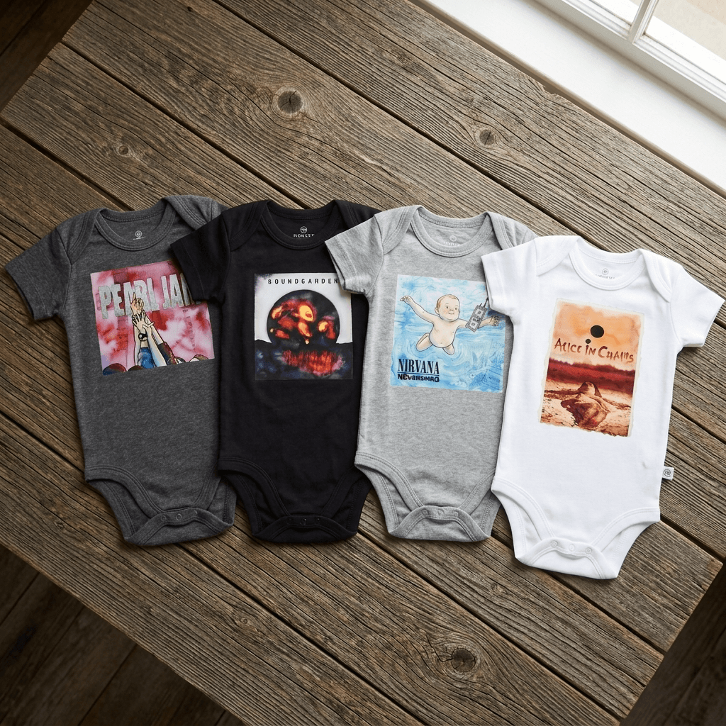 Four baby bodysuits laid out on a rustic wooden floor, each printed with a different Nirvana graphic design. The bodysuits are in gray, black, light gray, and white, featuring the band's 'In Bloom', 'Bloomer Bringer', 'Lifefist', and 'Peace Sells' album art.