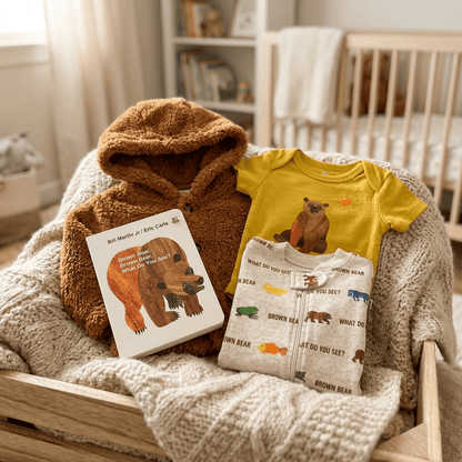A baby gift set arranged in a wooden bassinet with a chunky knit blanket, featuring a brown fleece hooded outfit, a yellow short-sleeve bodysuit with a bear graphic, a white zippered onesie with colorful animal prints and brown bear illustrations, and a children's book titled 'Brown Bear, What Do You See?'.