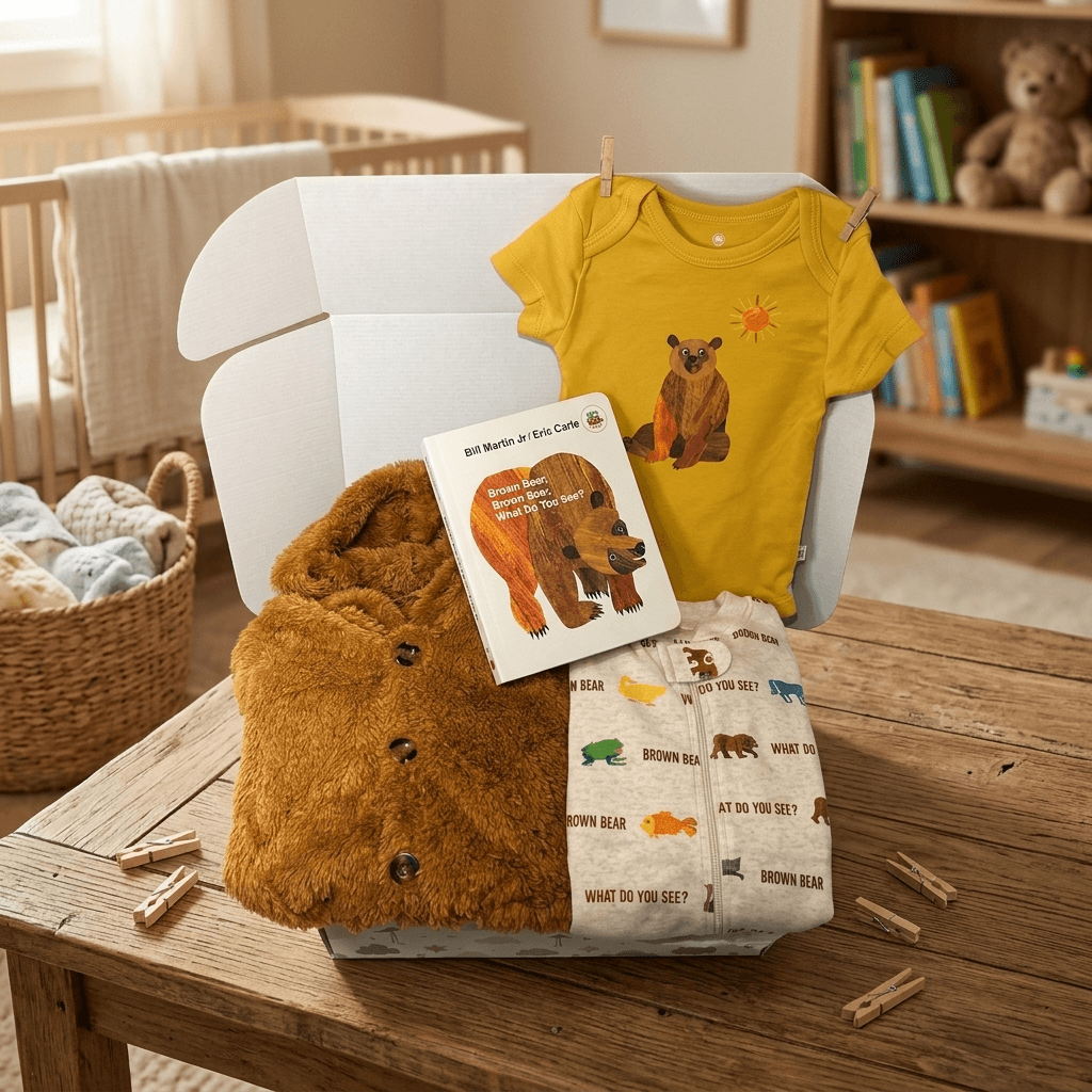 A curated baby gift set arranged in a white box on a wooden table, featuring a mustard yellow baby t-shirt with a brown bear graphic, a plush brown bear hooded jacket, a children's book titled 'Bill Mauldin's Big Bear', and a cream blanket with brown bear illustrations. The box is set in a cozy nursery environment with a crib and bookshelf in the background.