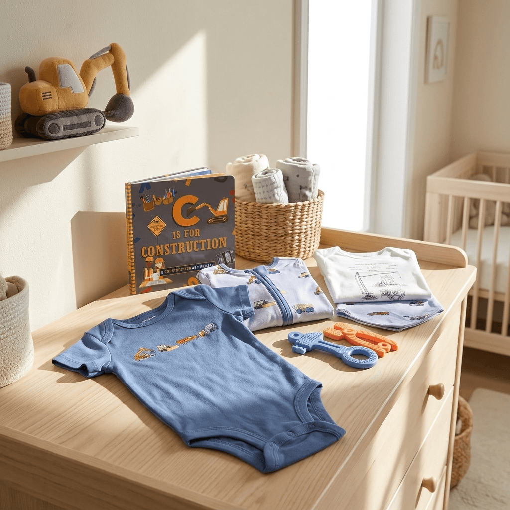construction baby gift flat lay