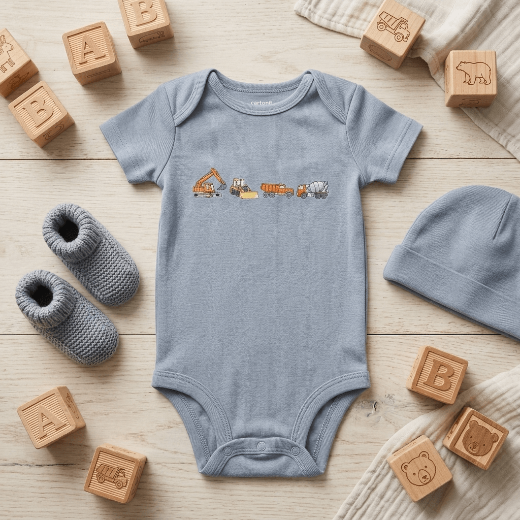 Blue onesie with trucks on it