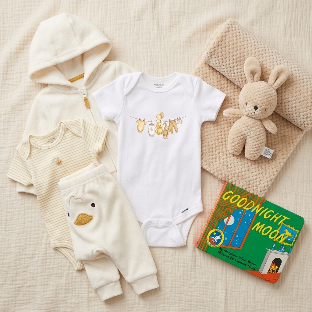 A baby clothing set arranged on a textured cream fabric background, including a white short-sleeve bodysuit with a colorful animal clothesline graphic, a cream hooded romper, and cream pants with a duck face detail. A knitted beige bunny pillow, a plush teddy bear, and a children's book titled 'Good Night Moon' are also included in the flat lay.