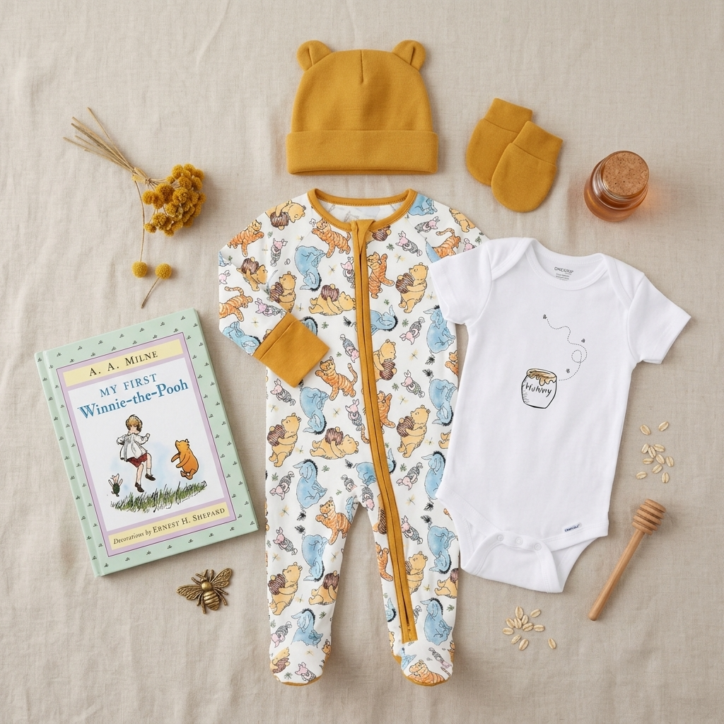 A styled flat-lay of a baby clothing set on a beige fabric background, including a mustard yellow beanie, matching mittens, a white short-sleeve bodysuit with a honey jar graphic, and a one-piece footed sleeper with a multicolor animal print and mustard trim. A children's book, honey dipper, bee ornament, oats, and dried flowers are arranged around the outfit.