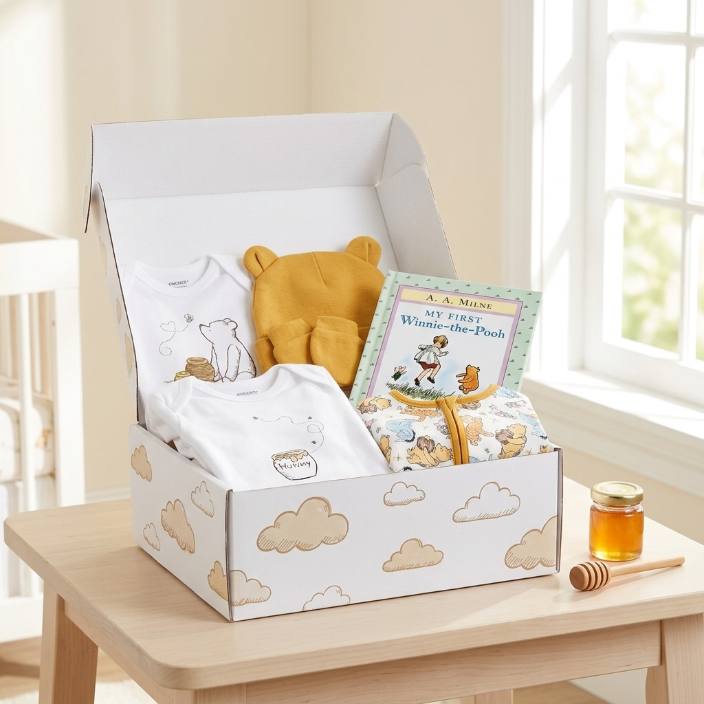 A curated baby gift box set displayed on a light wood table in a bright nursery. The set includes a white baby bodysuit with a cartoon bear, a yellow plush toy, a children's book titled 'Winnie-the-Pooh', a patterned fabric item, and a small jar of honey with a wooden dipper.