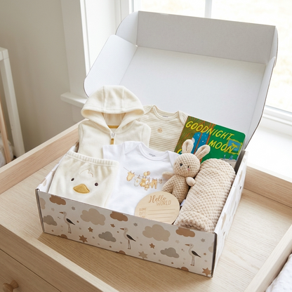 A baby gift set arranged inside an open white box on a light wood dresser. The set includes a cream hooded onesie, a white bodysuit with a duck face, a striped long-sleeve top, a green and yellow 'Goodnight Moon' book, a beige plush bunny, a knitted beige blanket, and a round wooden tag that reads 'Hello baby!'.