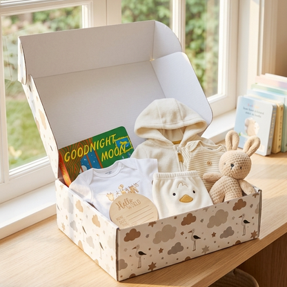 A baby gift box filled with nursery items sits open on a wooden shelf in a bright room by a window. The box has a cream and tan cloud pattern, and inside are a white onesie, a beige hooded outfit, a small plush bunny, a card reading Good Night Moon, and a round wooden tag.