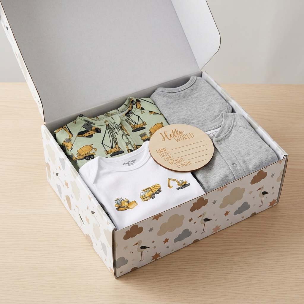 A baby gift set in a decorated cardboard box, featuring a white short-sleeve bodysuit with construction vehicle prints, a light green romper with crane prints, and a folded heather gray t-shirt. A round wooden 'Hello World' name tag is placed on top.