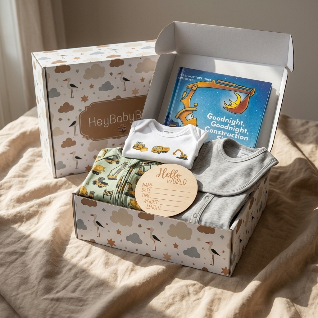 A baby gift box set on beige bedding, featuring a white printed box, a gray and white baby outfit, a green patterned bib, a book titled 'Goodnight, Goodnight, Construction,' and a round wooden tag that reads 'Hello WORLD AND ALL THAT'S INSIDE!'.