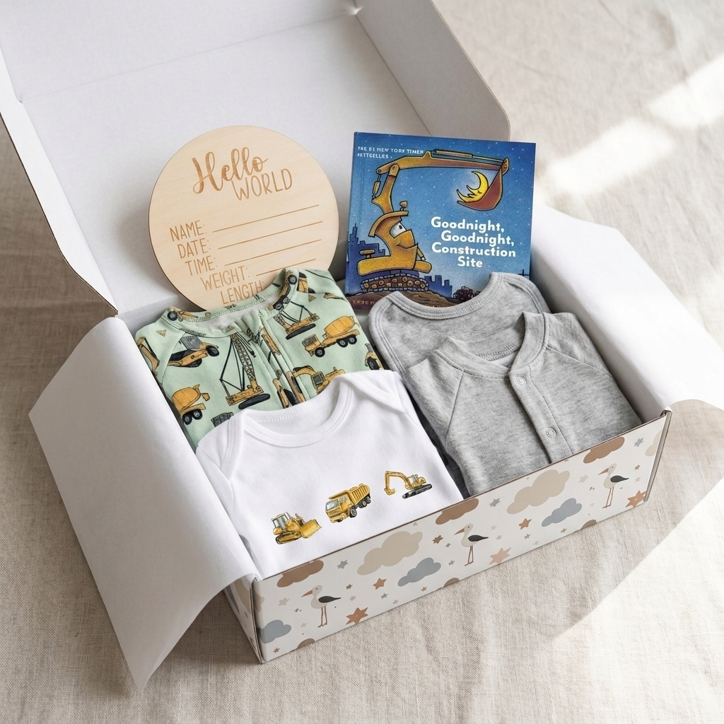 A baby gift set arranged inside an open white box on a light fabric surface. The set includes a white infant bodysuit with construction vehicle prints, a folded gray long-sleeve top, a mint green construction-themed onesie, a round wooden name/date/weight card, and a children's book titled 'Goodnight, Goodnight, Construction Site.