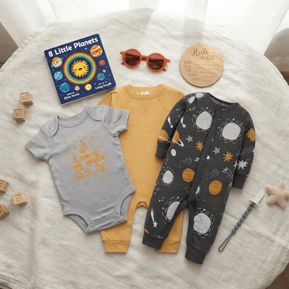 Three baby onesies arranged on a white fabric surface with playful props: a light gray short-sleeve bodysuit with orange space-themed text, a mustard yellow long-sleeve bodysuit, and a dark gray one-piece with a white and yellow space print. A book, sunglasses, wooden blocks, and a round sign are also visible.