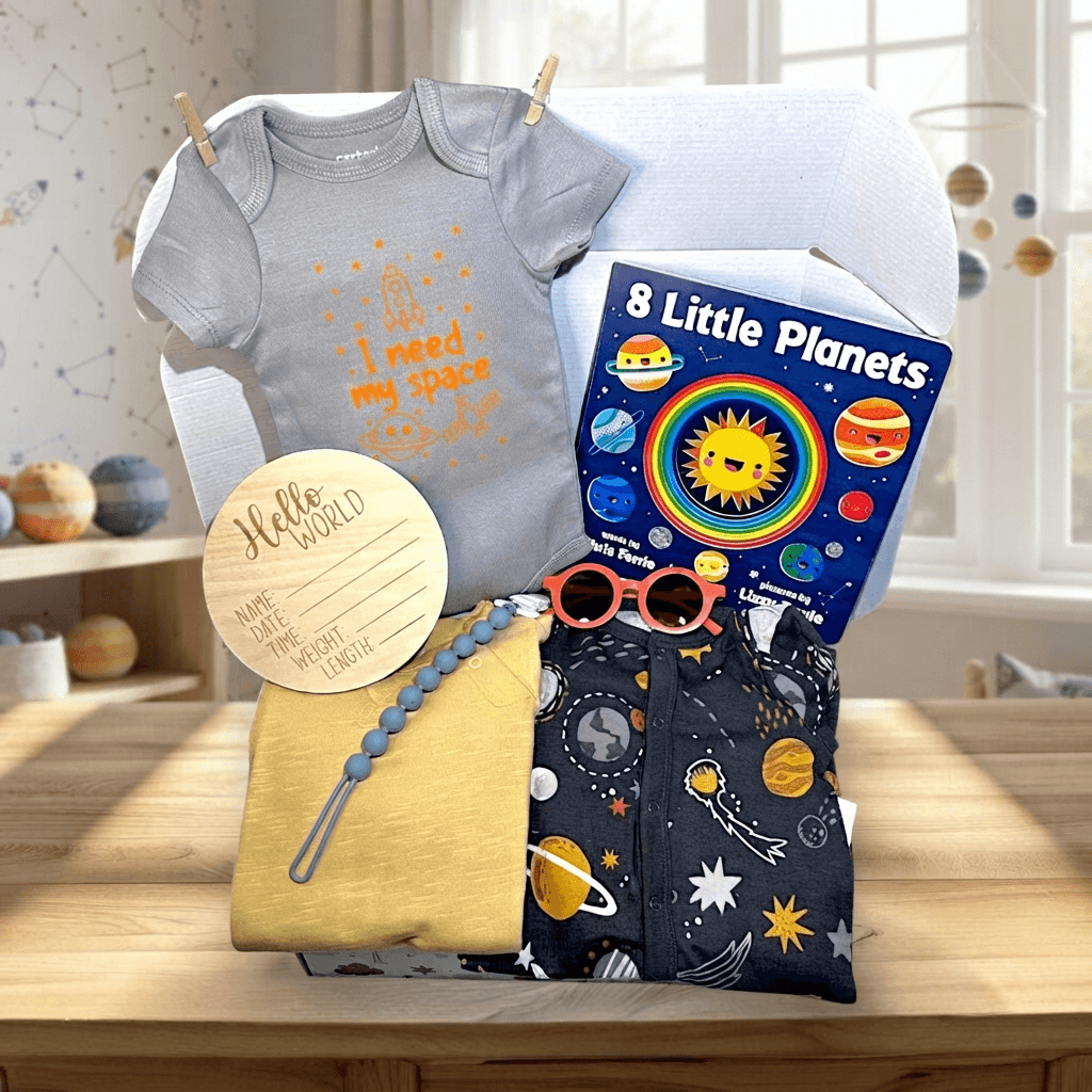 A baby space-themed gift set arranged on a wooden table in a nursery setting. The set includes a light gray short-sleeve baby bodysuit with orange 'I need my space' text, a yellow folded cloth item with a blue beaded strap, a navy blue patterned cloth item with space illustrations, a book titled '8 Little Planets', and red-framed baby sunglasses.