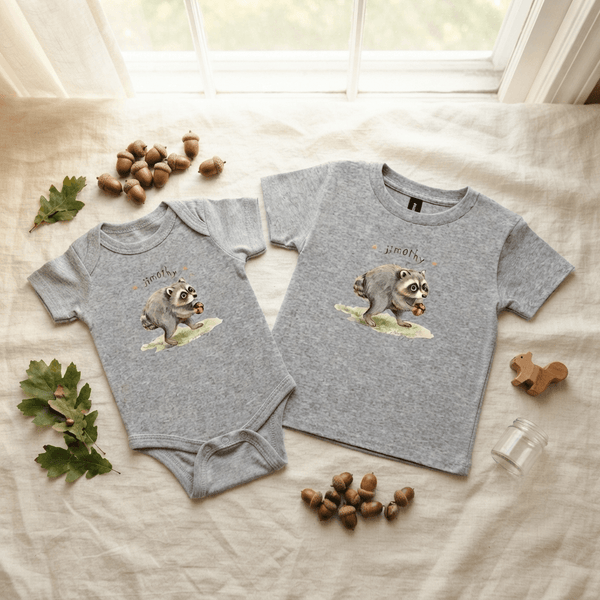 Gray baby onesie and toddler shirt with raccoon print, acorns, and leaves for themed children's gifts