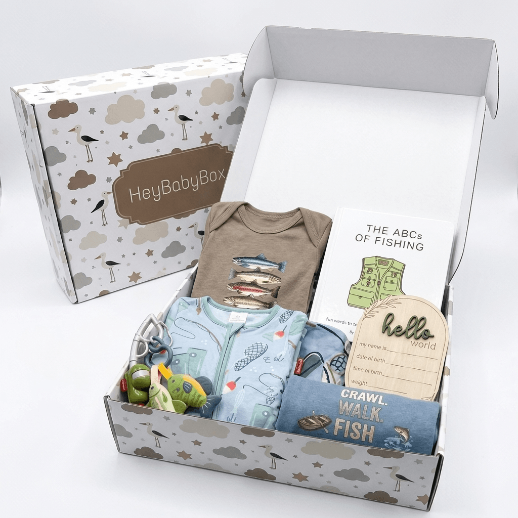 An open HeyBabyBox gift box filled with baby items, including a light blue onesie, a brown bodysuit, a fishing-themed card, a wooden name tag, and small accessories, with the branded patterned box behind it on a white background.