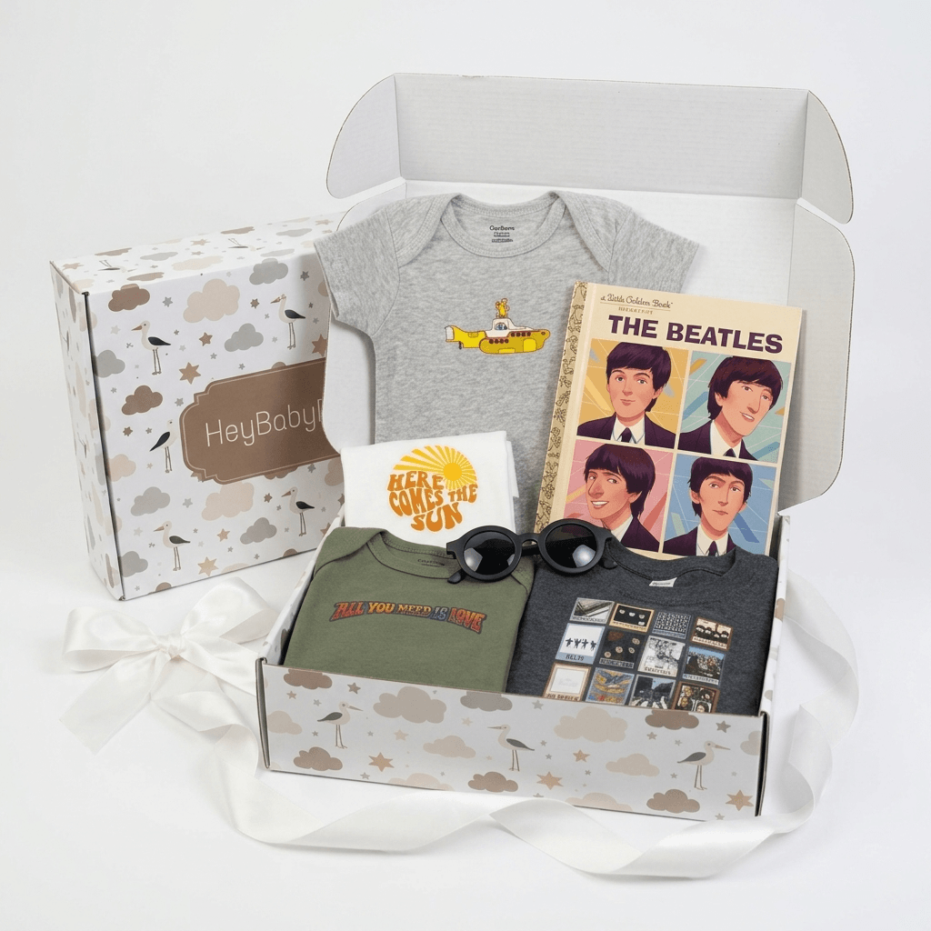A baby gift box set containing a gray baby bodysuit with a yellow submarine graphic, a green t-shirt, a dark gray t-shirt with band posters, a Beatles book, a white t-shirt, and sunglasses, all arranged inside an open patterned box next to its branded box.