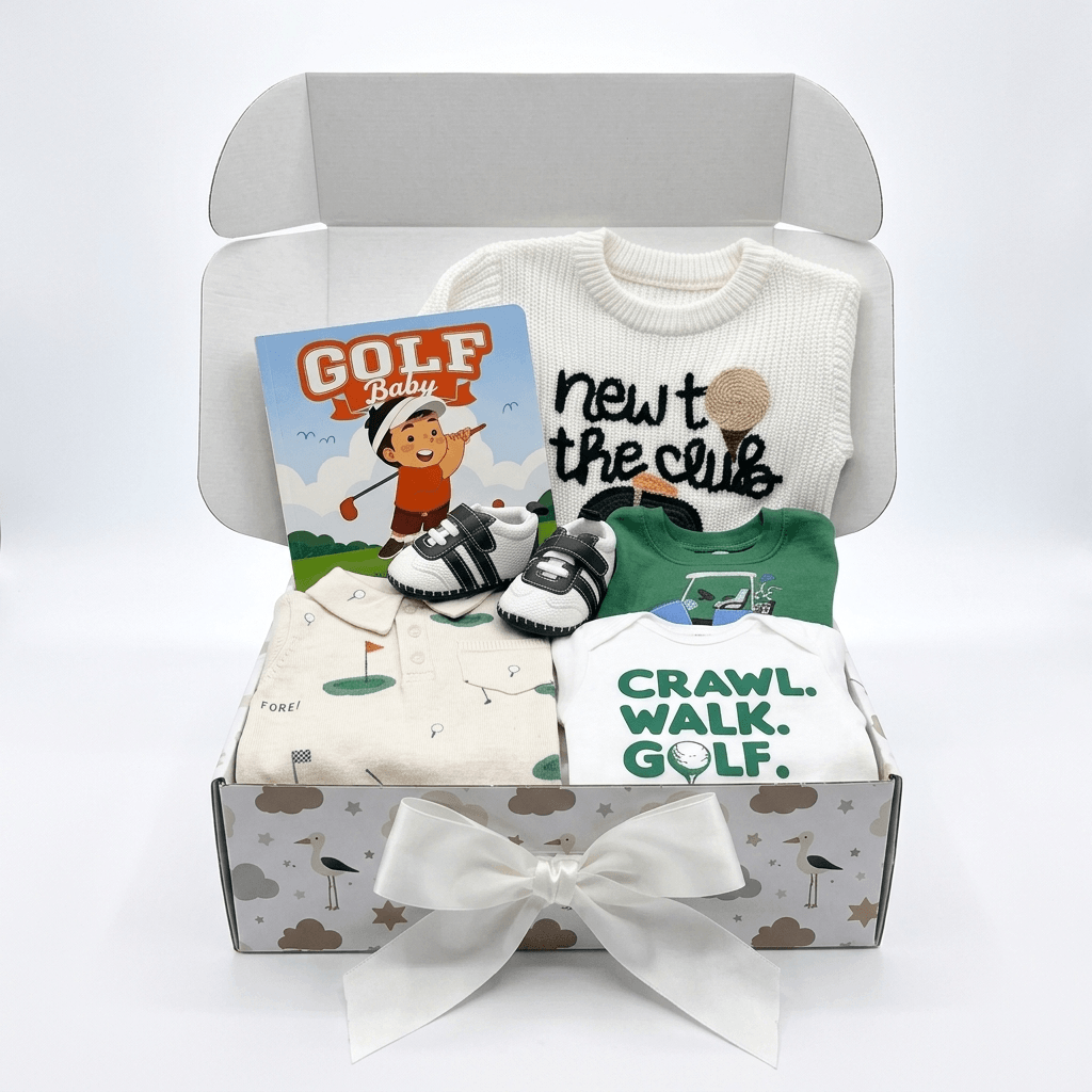 A baby gift set in an open gray box with a white ribbon bow, featuring a white long-sleeve shirt that says 'newt the club', a green short-sleeve shirt, folded cream and white garments with golf-themed prints, a pair of black-and-white booties, and a 'GOLF Baby' card.