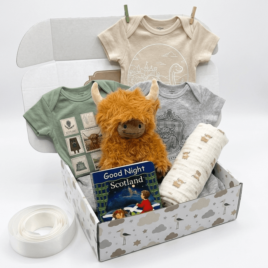 A baby gift box set containing a beige baby bodysuit, a green graphic t-shirt, a gray graphic t-shirt, a fluffy orange Highland cow plush toy, a white muslin blanket, a book titled 'Good Night Scotland', and a roll of white ribbon, all arranged in a patterned gift box on a white background.