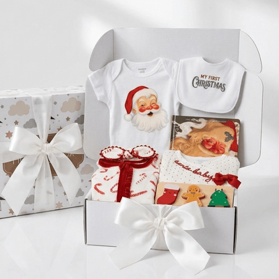 A Christmas baby gift set arranged in an open white box beside a wrapped gift box. The set includes a Santa print baby bodysuit, a white bib reading 'MY FIRST CHRISTMAS,' a card, a small wrapped item with a red ribbon, and a folded textile with holiday illustrations.