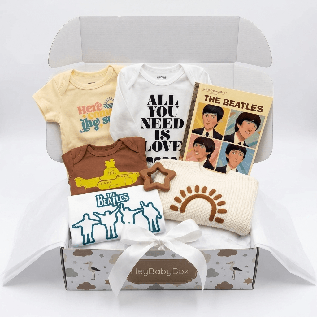 A baby gift box set featuring Beatles-themed apparel and accessories, including a pale yellow short-sleeve bodysuit, a white long-sleeve bodysuit with 'ALL YOU NEED IS LOVE' text, a brown short-sleeve bodysuit, a cream knit sun hat, a white star-shaped cookie, and a Beatles album book, arranged in an open box with tissue paper.