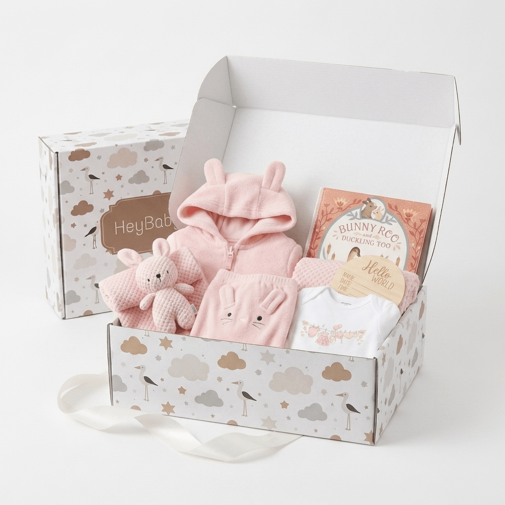 A baby gift set in a white cloud-patterned box, featuring a pink bunny hooded outfit, a plush bunny toy, a white baby t-shirt, and a book titled 'Bunny Roo'. A matching closed gift box labeled 'HeyBaby' sits behind the open box on a white background.