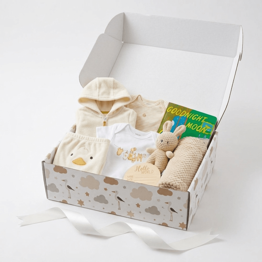 A baby gift box set containing a cream zip-up hooded romper, a white bodysuit with gold lettering, a knit duck toy, a beige knit blanket, a plush bunny, and a green book, all arranged inside a patterned gift box on a white background.