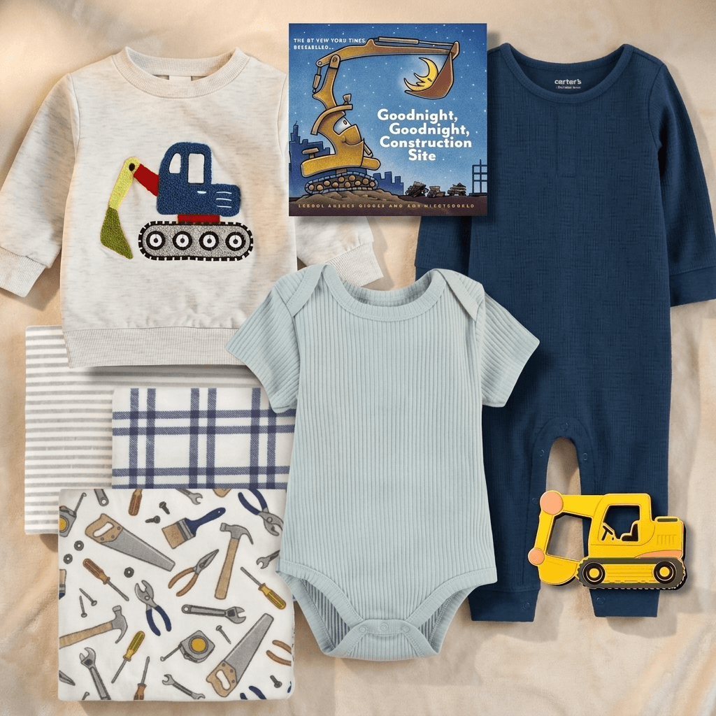 A baby construction-themed clothing set arranged on a beige fabric background, including a cream long-sleeve shirt with a blue and yellow excavator graphic, a navy one-piece, a light blue ribbed bodysuit, striped and plaid fabric pieces, a tool-print square, and a book titled 'Goodnight, Goodnight, Construction Site.'.
