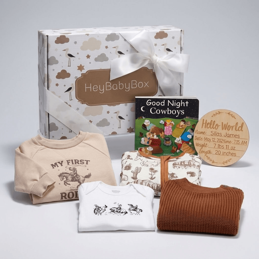 A baby gift set from HeyBabyBox arranged on a light gray studio background. The set includes a white patterned gift box with a white ribbon, a beige long-sleeve shirt with a cowboy print, a white short-sleeve shirt with black horse graphics, a small printed book titled 'Good Night Cowboys,' a round wooden plaque reading 'Hello World,' and a folded rust-brown knit item.