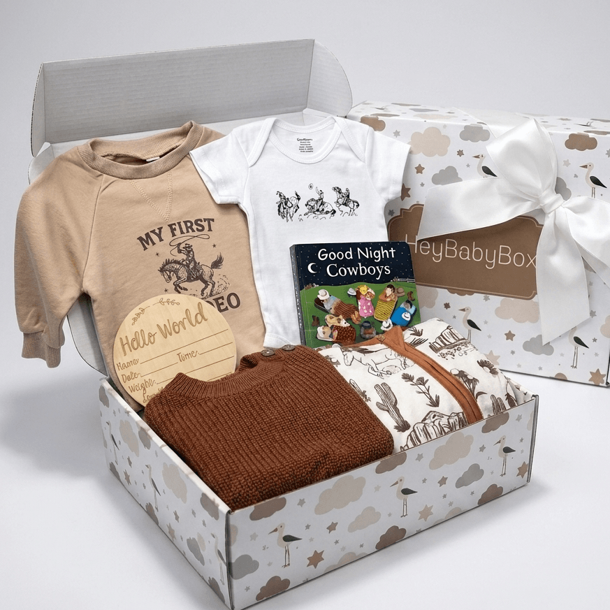 A baby gift box set displayed in an open white patterned box with a large white bow on the lid. Inside are a beige long-sleeve shirt with 'MY FIRST COWBOY' text, a white bodysuit, a brown knit blanket, a small cowboy-themed book, and a round wooden tag.