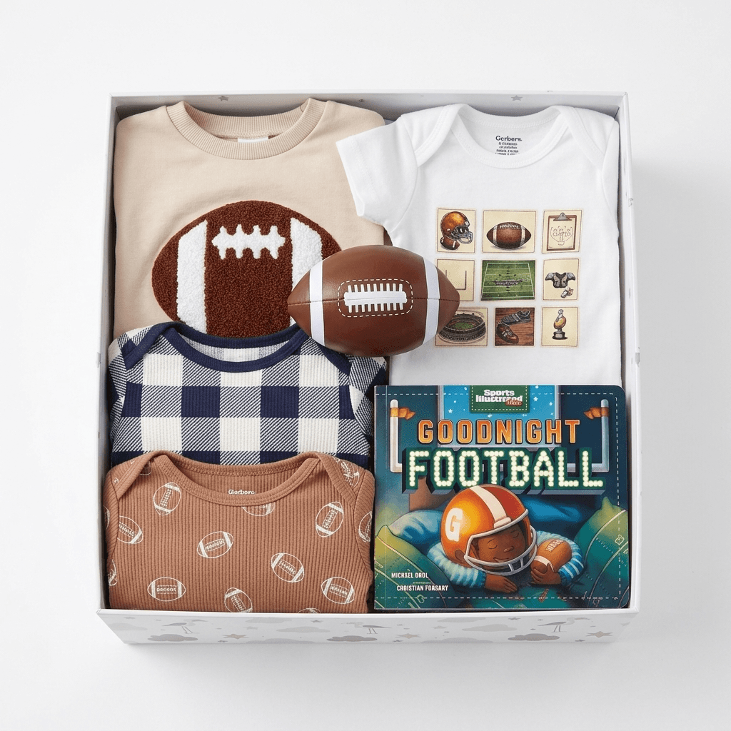 A baby football-themed gift set arranged in a white box on a light gray background. The set includes a beige long-sleeve shirt, a white long-sleeve shirt with football graphics, a brown knit football, a navy-and-white gingham top, a brown ribbed top with football patterns, and a children's book titled 'Goodnight Football' by Sarah Stribbling.