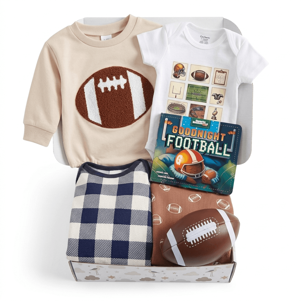 A baby football-themed gift box set containing a beige long-sleeve shirt with a football graphic, a white short-sleeve bodysuit with football illustrations, a navy and white gingham blanket, a brown knit sock with football patterns, a toy football, and a 'Goodnight Football' book, all arranged in a white box on a white background.