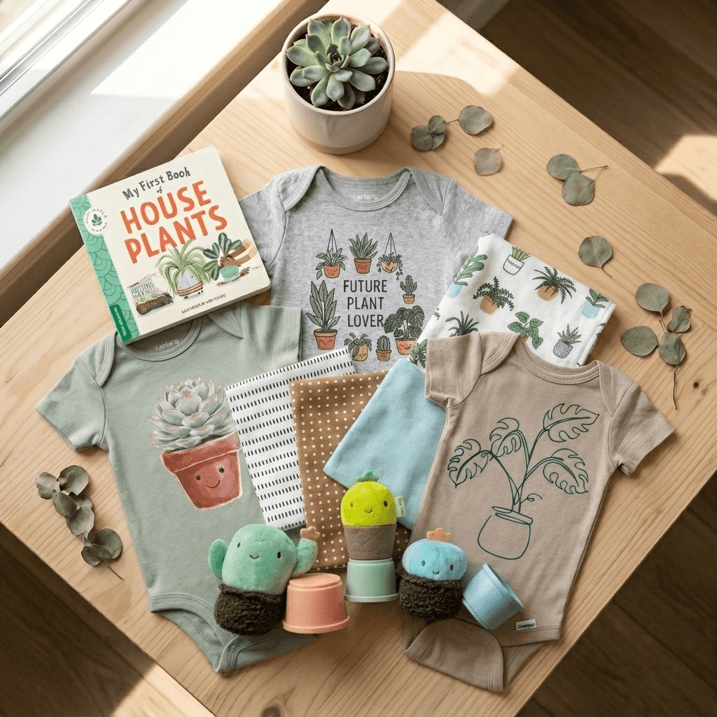 A styled flat-lay of baby clothing and nursery accessories on a light wood table, including multiple short-sleeve bodysuits with plant prints, a book titled 'My First Book: House Plants,' folded textiles, small plush cactus toys, and decorative leaves.