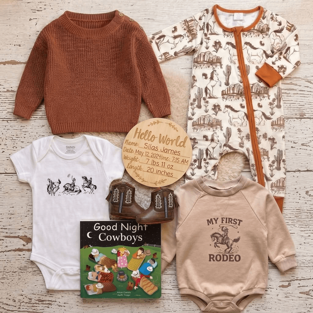 A coordinated baby gift set arranged on a whitewashed wood surface, including a rust-brown knit sweater, an off-white one-piece with brown cowboy print, a white bodysuit with a black cowboy graphic, a beige long-sleeve shirt reading 'MY FIRST RODEO,' a pair of brown leather boot covers, a round wooden name plaque, and a 'Good Night Cowboys' book.