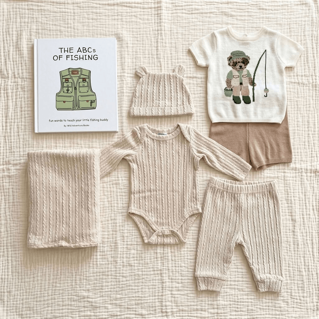 A baby clothing set arranged on a textured cream fabric background, including a cream short-sleeve T-shirt with a teddy bear fishing graphic, tan shorts, a cream ribbed bodysuit, matching cream ribbed hat and folded ribbed blanket, and a children's fishing-themed book titled 'THE ABCS OF FISHING'.