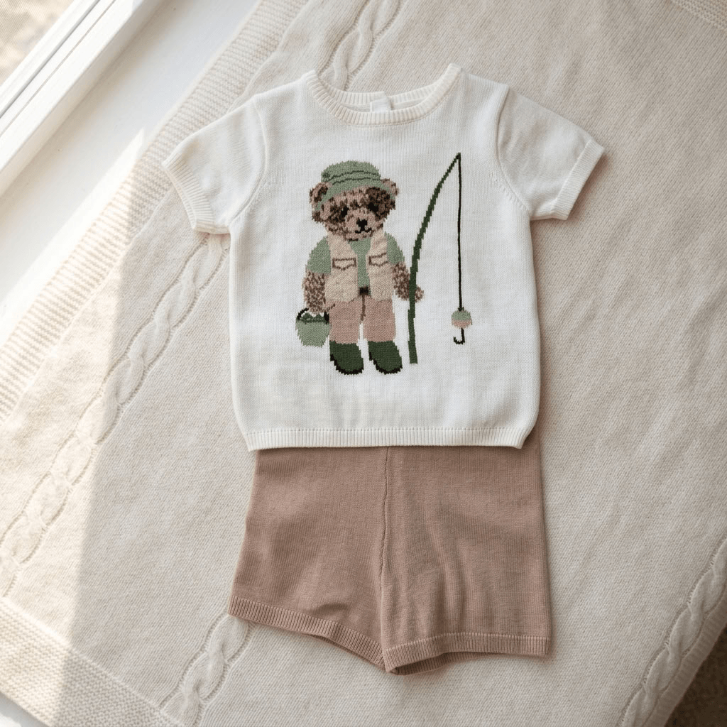 A baby boy's knit outfit consisting of a cream short-sleeve shirt with a teddy bear fishing graphic and matching dusty pink knit shorts, laid flat on a textured cream blanket.