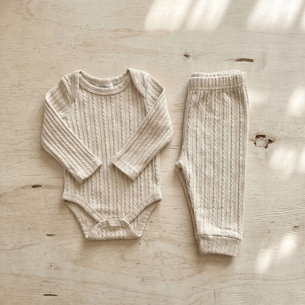 A baby knit two-piece set consisting of a long-sleeve bodysuit and matching pants, laid flat on a light wood surface with soft dappled sunlight.