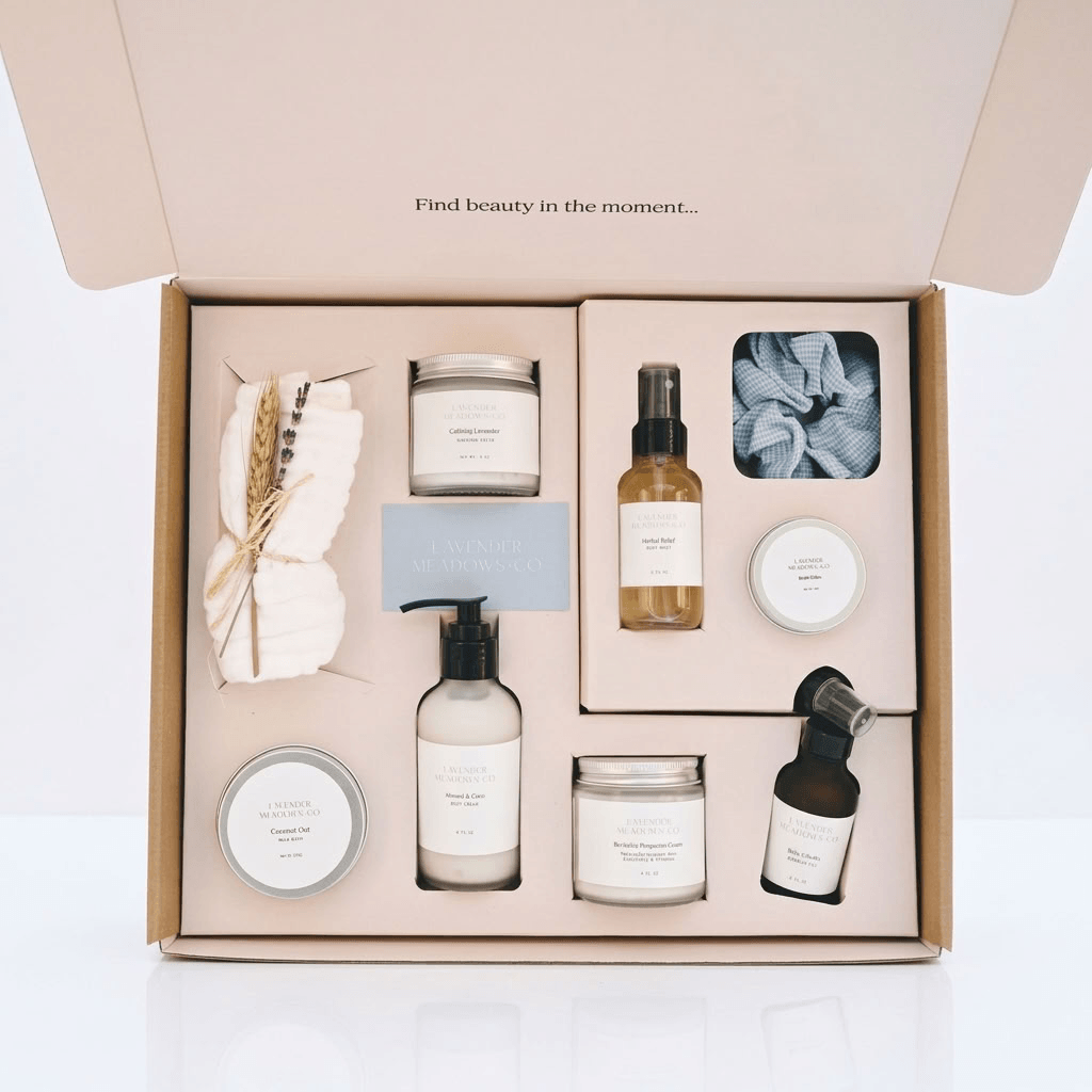 An open beige gift box containing a curated wellness and beauty set, including candles, bottles, a scrubber, a towel, and a small dried botanical bundle, arranged in a foam insert on a white background.